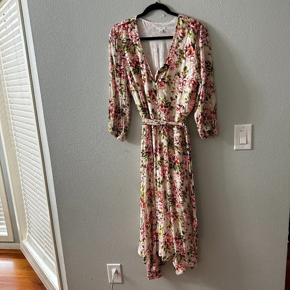 J. Jill Crinkle Gauze Belted Midi Dress LARGE Asymmetrical Floral Spring
